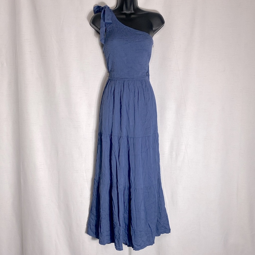 MEROKEETY One Shoulder Sleeveless Knot Smocked Split Tiered Flowy Midi Dress - Picture 9 of 14